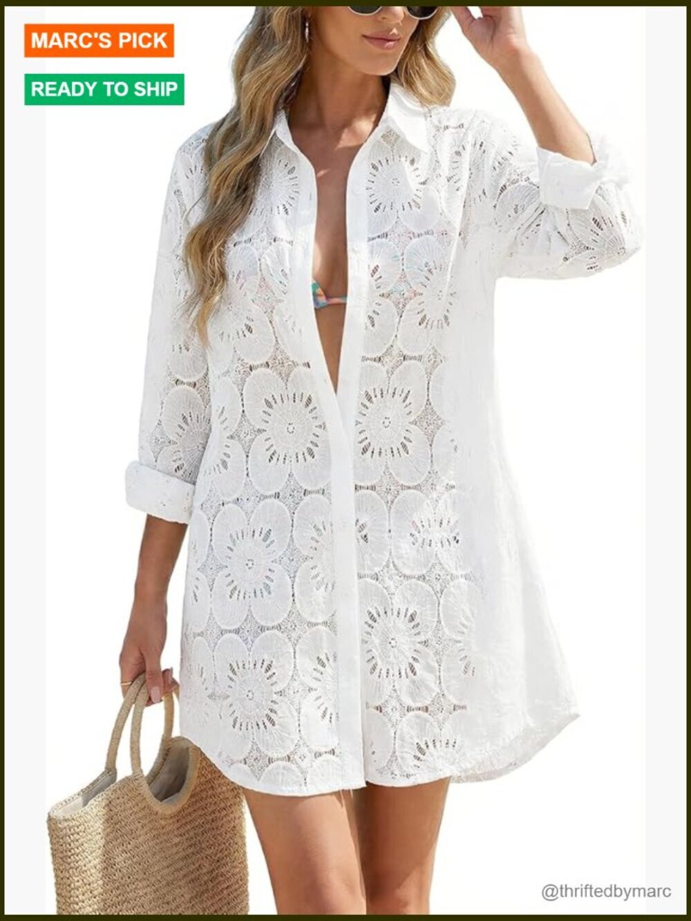 Eyelet Swim Coverup Long Sleeve Beach Shirtdress